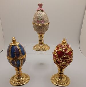 3  Egg Shaped Bejeweled Trinket Boxes